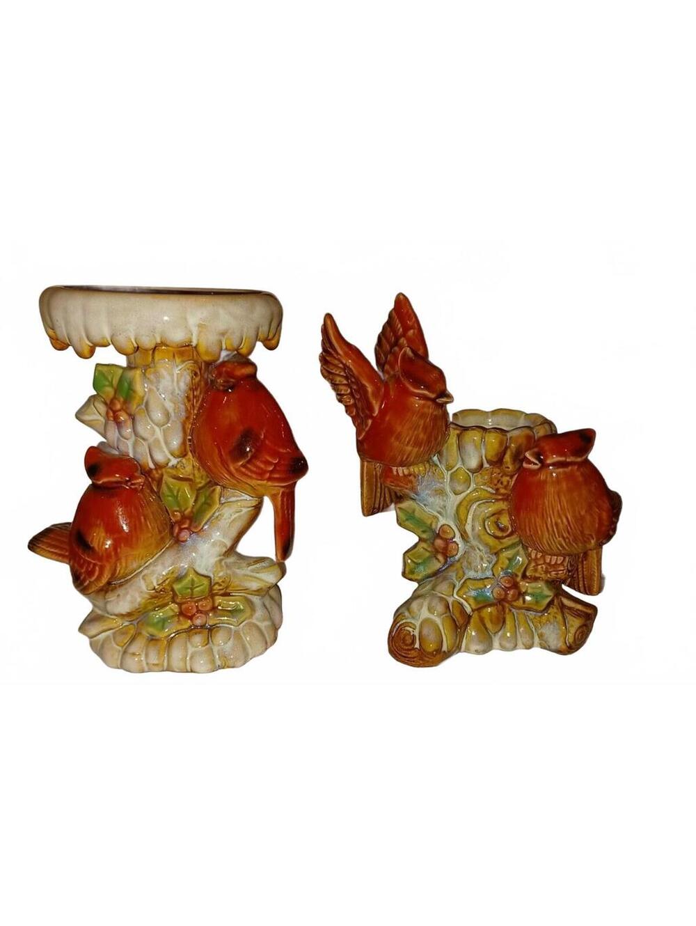 Set Of 2 Porcelain Cardinals Sitting On Birdbath Figurine Candleholders